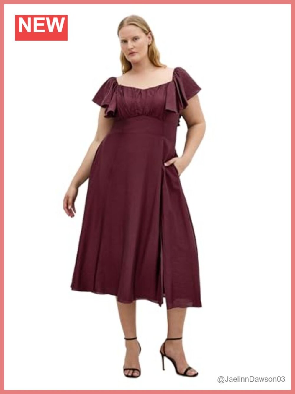 Plus Size Midi Dress Tie-Back Empire Waist Flutter Sleeve A-Line